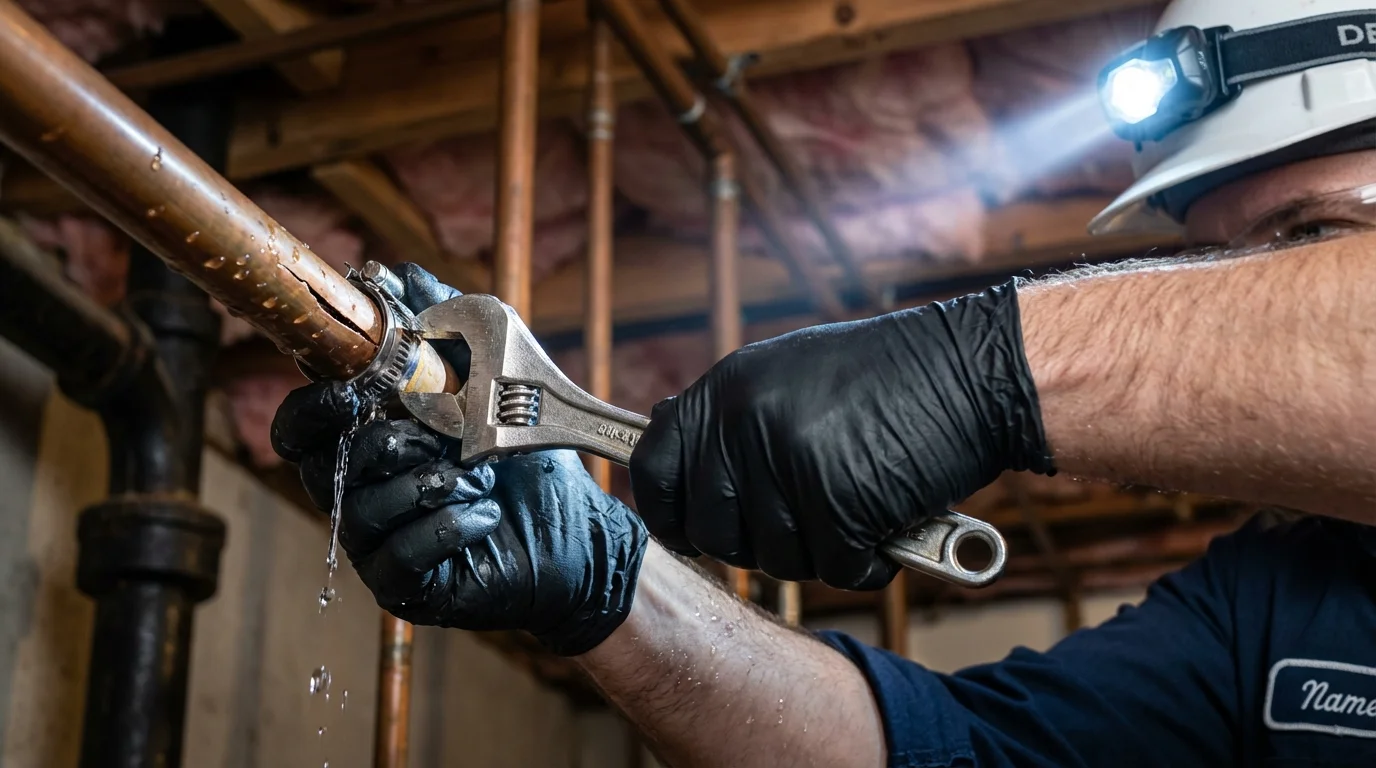 Emergency pipe clamp repair being performed by a Johns Plumbing LLC plumber in Fishersville
