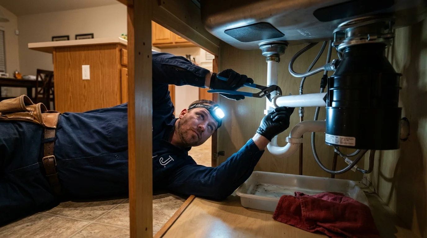 P-trap and supply line connections under a kitchen sink showing a common leak point in Fishersville, VA